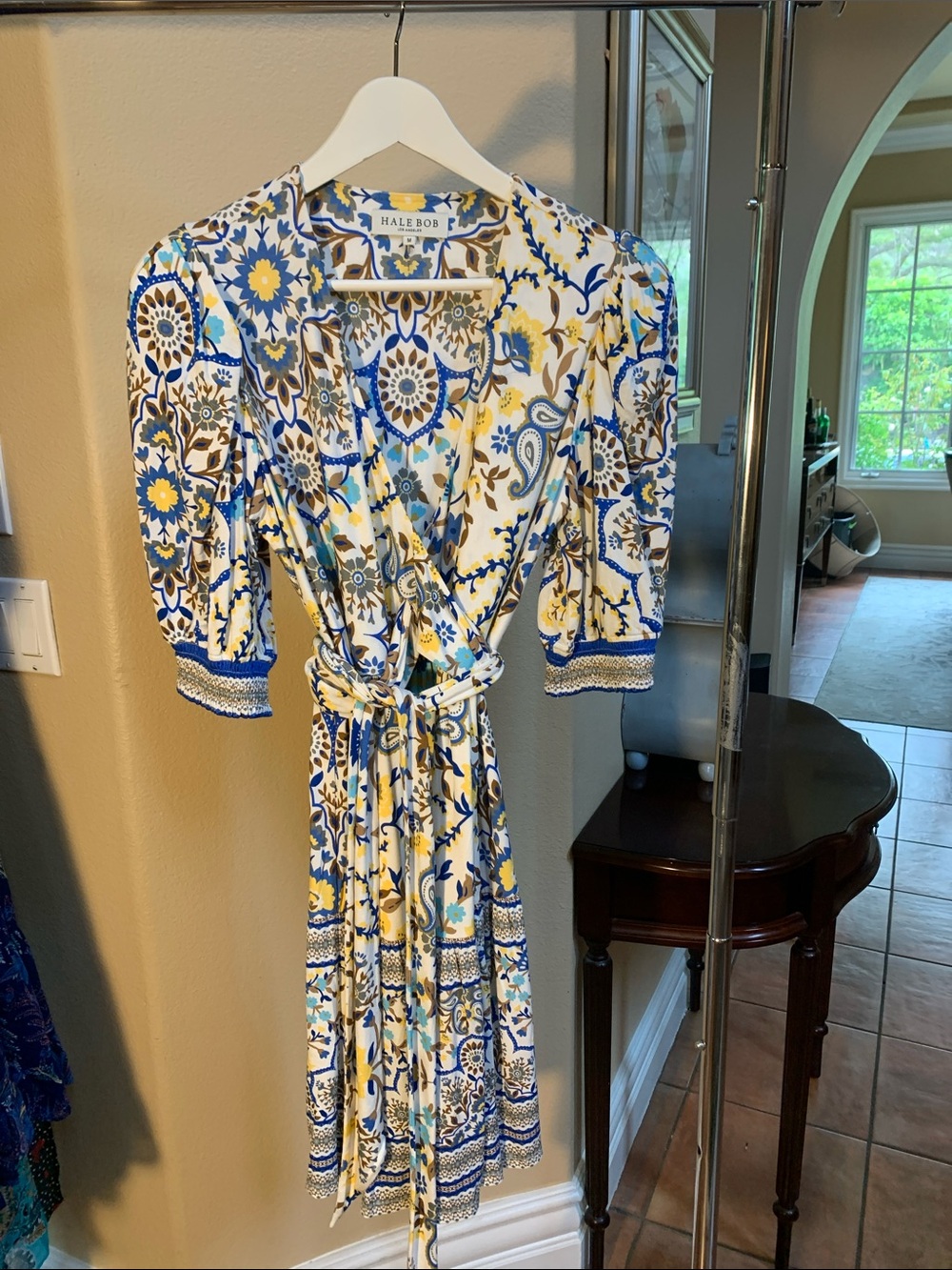 Hale Bob Blue, Yellow & White Floral Wrap Dress